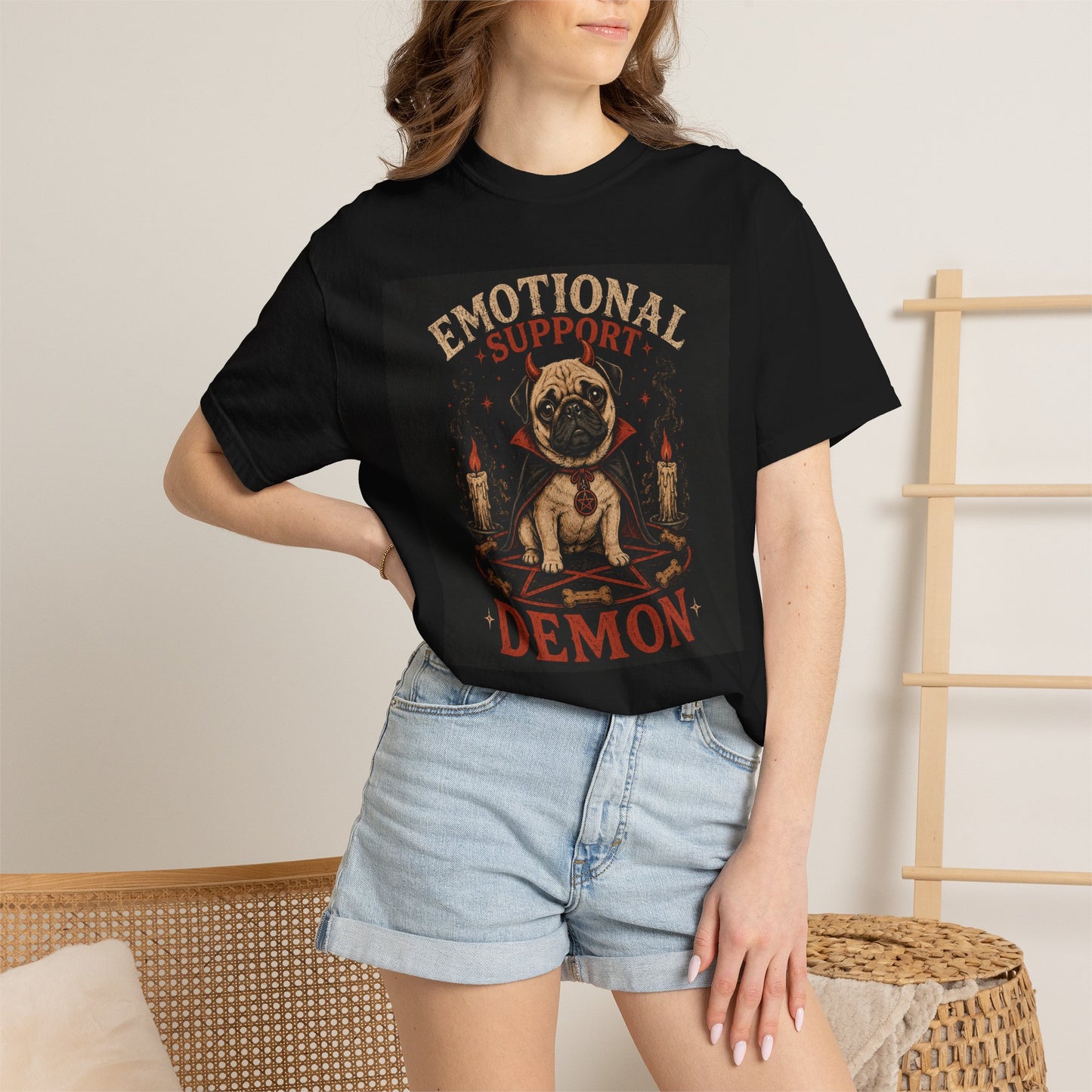 Emotional Support Demon Pug Tee | Funny Halloween Shirt for Dog Lovers | Cute Goth Devil Pug T-Shirt | Spooky Season Graphic Tee
