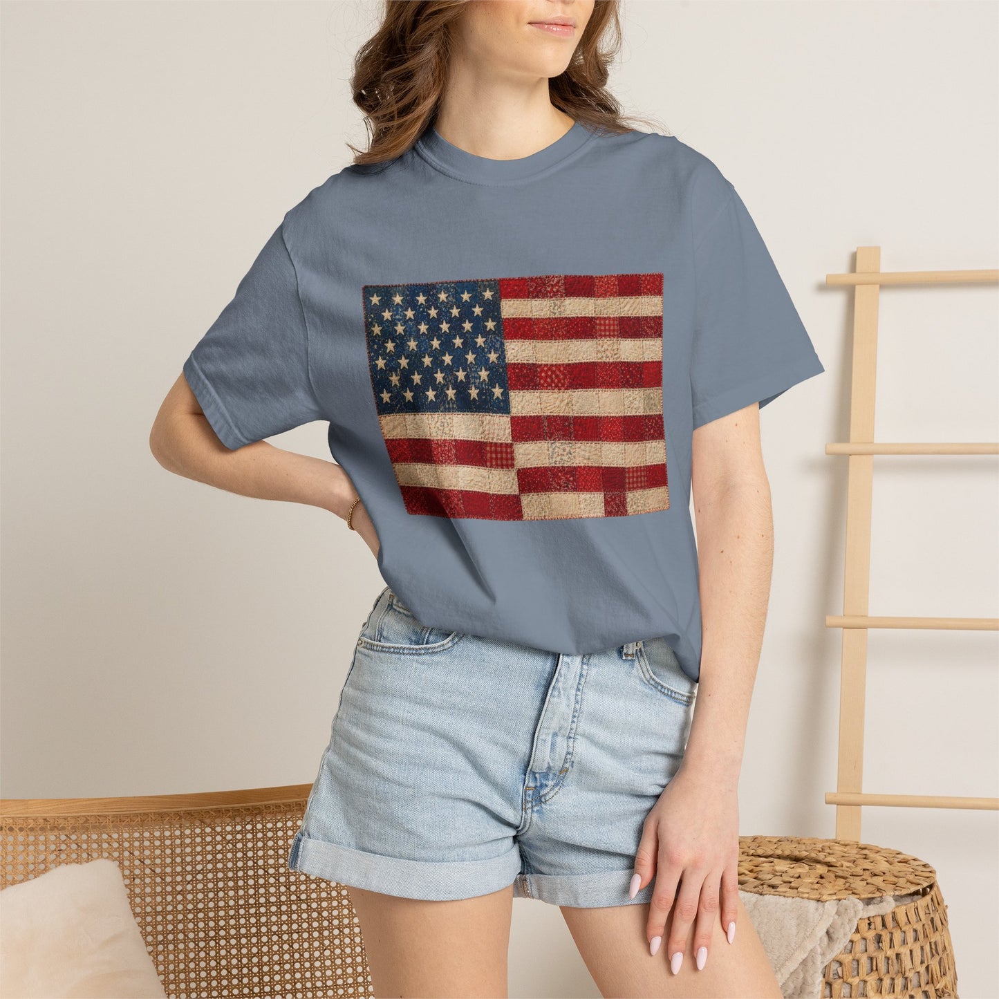 Comfort Colors Printed Faux Quilted Flag Shirt USA Graphic Shirt Red White Blue Tee America 250 Shirt