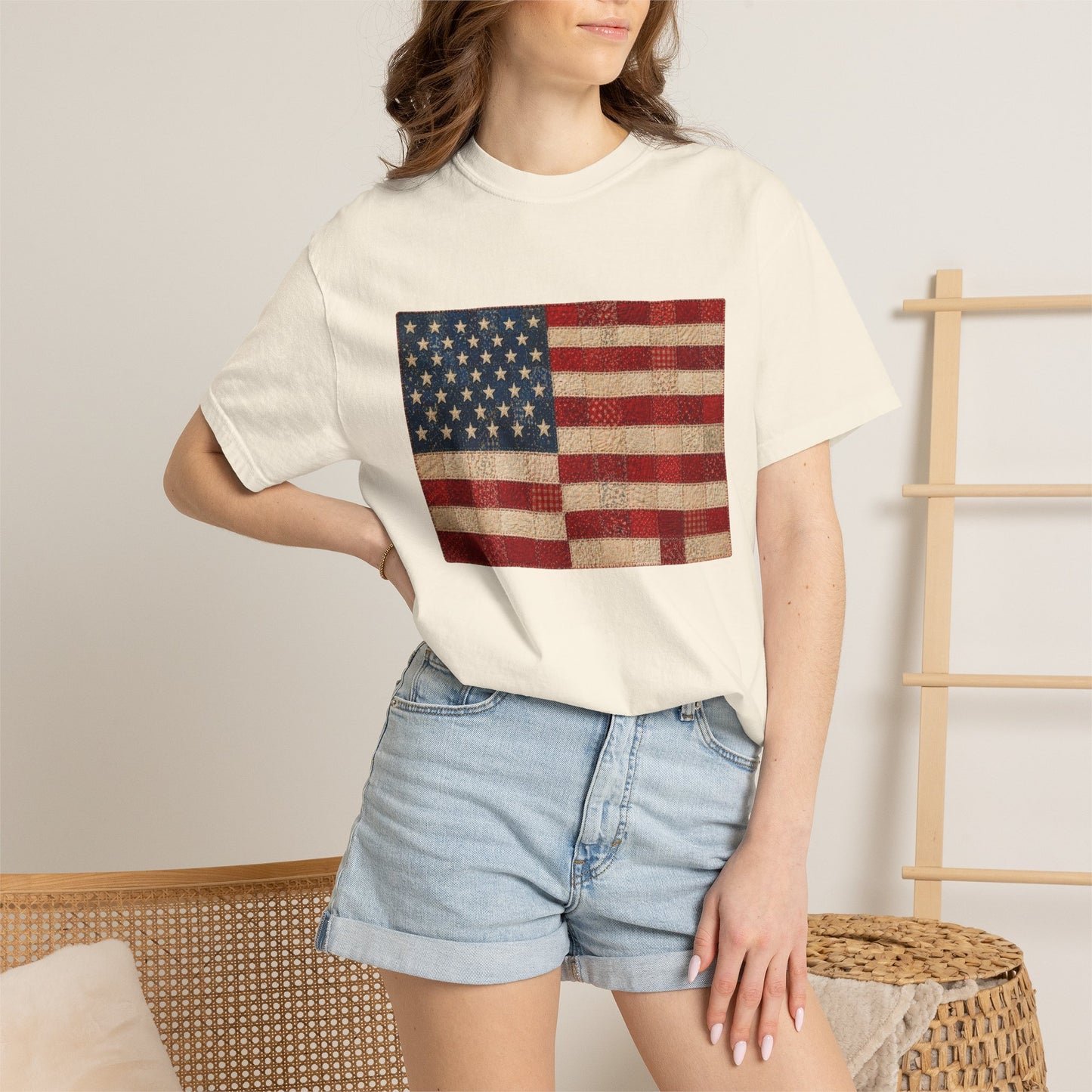 Comfort Colors Printed Faux Quilted Flag Shirt USA Graphic Shirt Red White Blue Tee America 250 Shirt