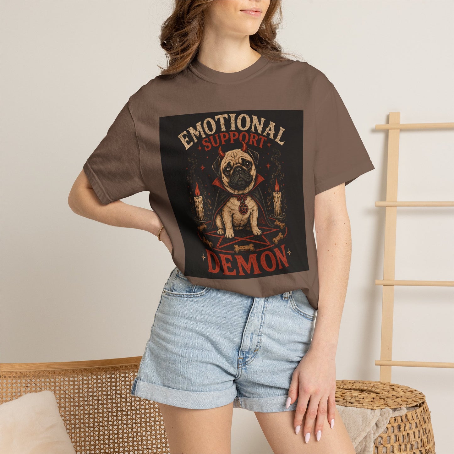 Emotional Support Demon Pug Tee | Funny Halloween Shirt for Dog Lovers | Cute Goth Devil Pug T-Shirt | Spooky Season Graphic Tee