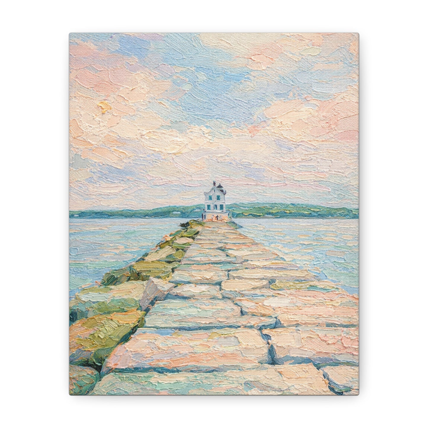 Maine Jetty | pastel coastal lighthouse canvas wall art serene beach scene
