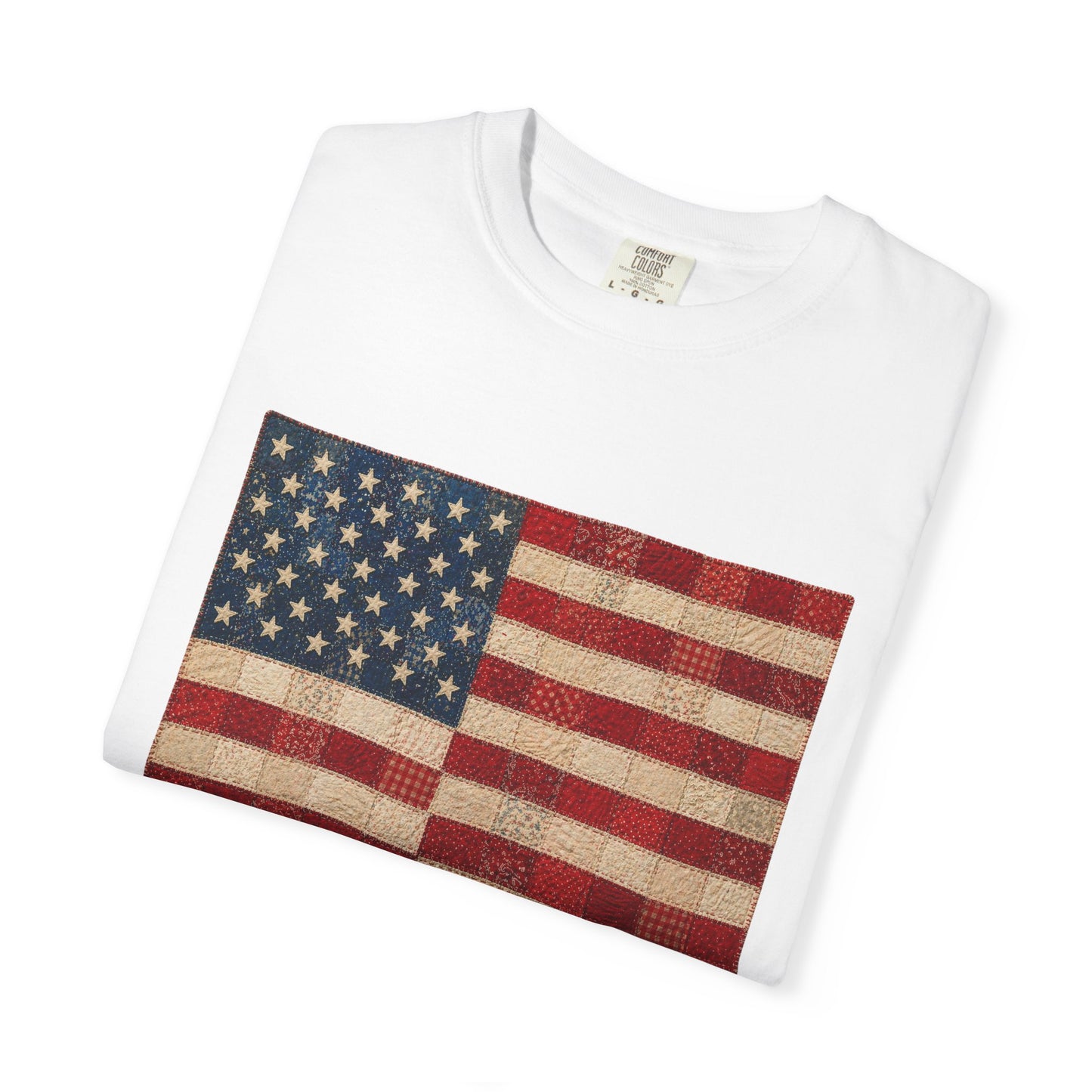 Comfort Colors Printed Faux Quilted Flag Shirt USA Graphic Shirt Red White Blue Tee America 250 Shirt