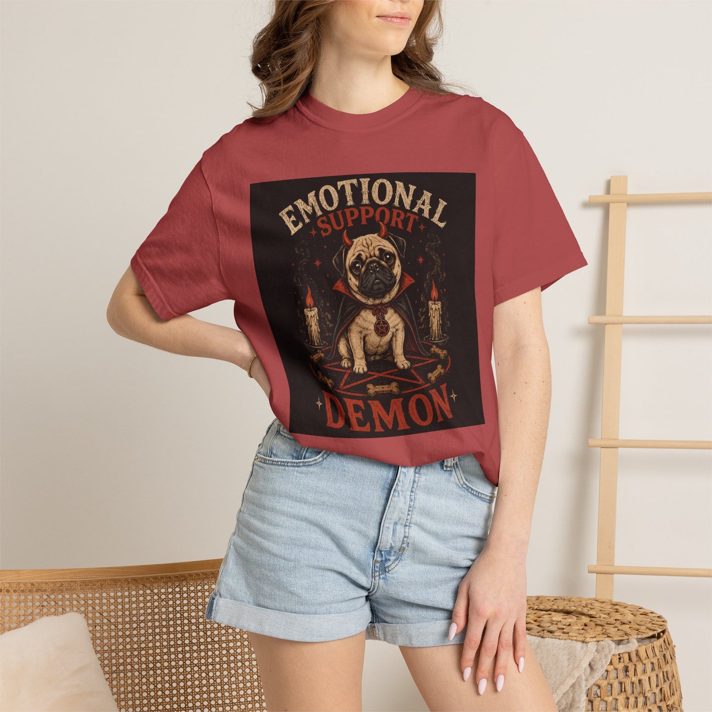 Emotional Support Demon Pug Tee | Funny Halloween Shirt for Dog Lovers | Cute Goth Devil Pug T-Shirt | Spooky Season Graphic Tee