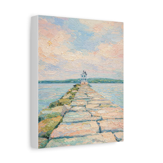 Maine Jetty | pastel coastal lighthouse canvas wall art serene beach scene