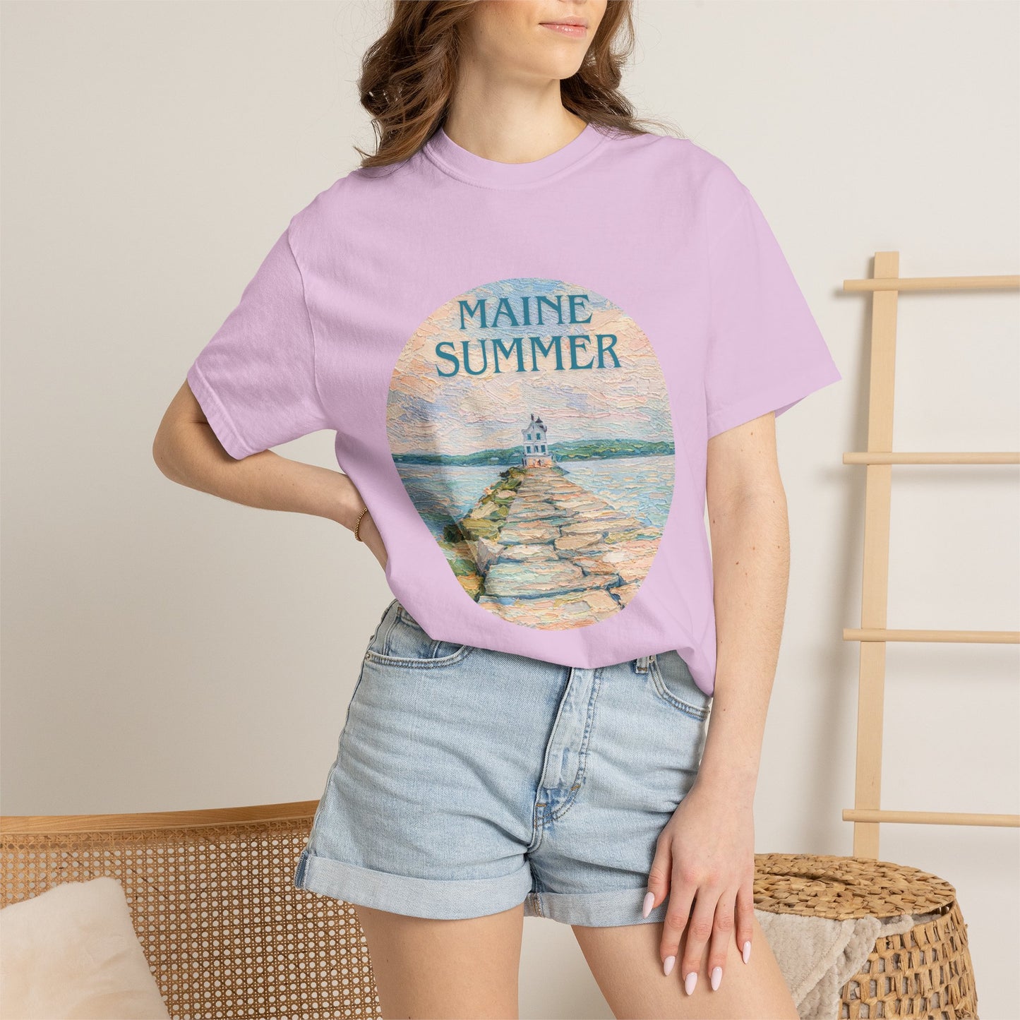 Pastel Coastal Lighthouse Graphic T-Shirt – Aesthetic Beach Scene Art Tee for Ocean Lovers