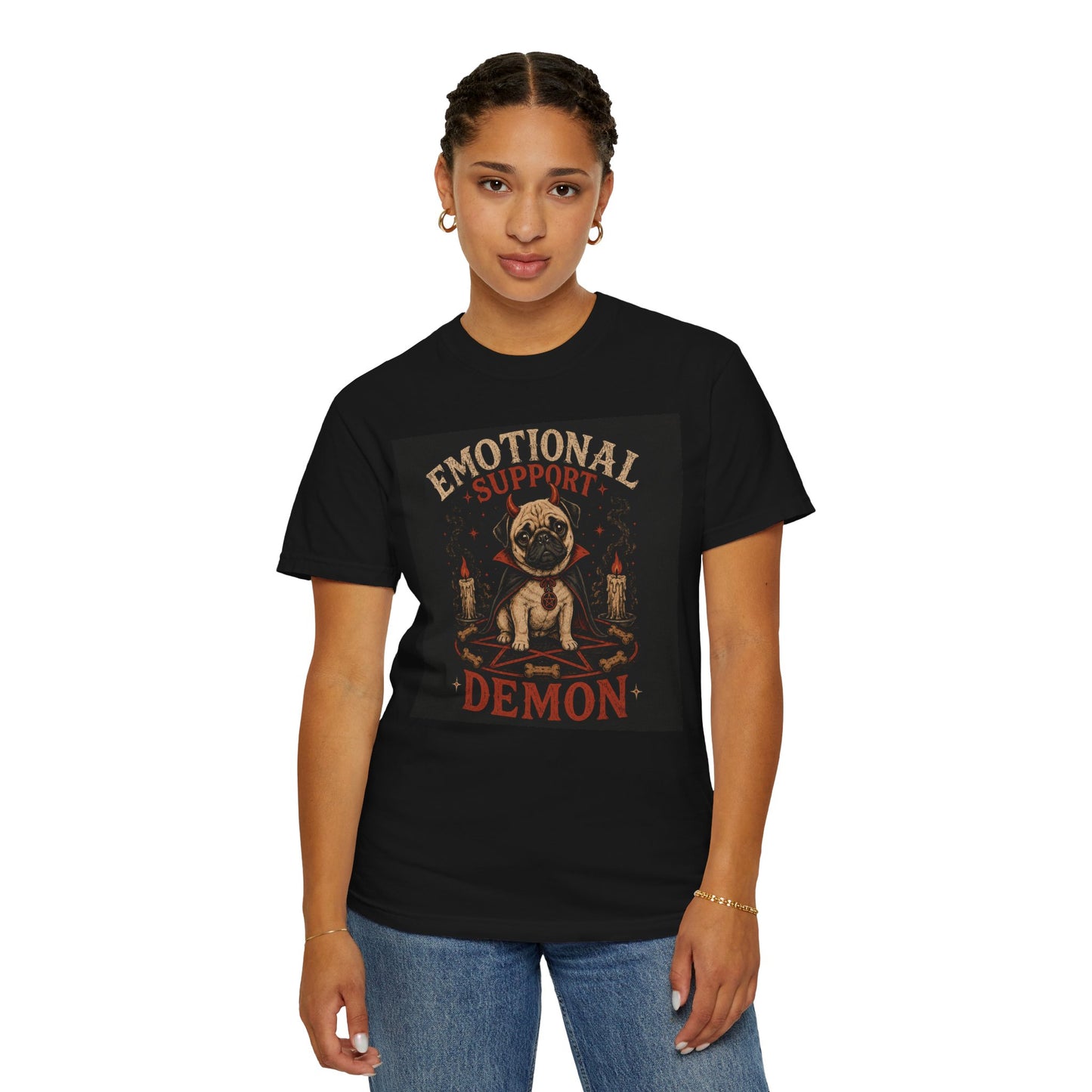 Emotional Support Demon Pug Tee | Funny Halloween Shirt for Dog Lovers | Cute Goth Devil Pug T-Shirt | Spooky Season Graphic Tee