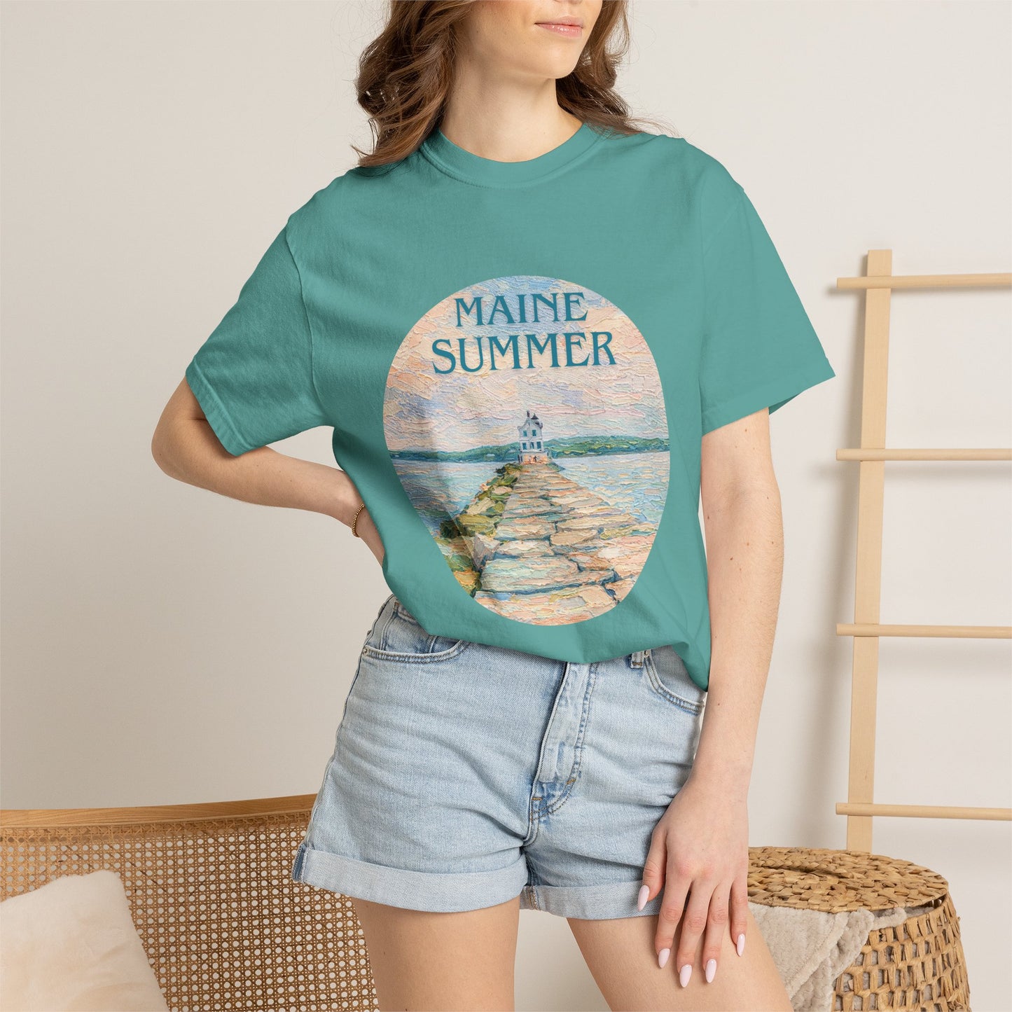Pastel Coastal Lighthouse Graphic T-Shirt – Aesthetic Beach Scene Art Tee for Ocean Lovers