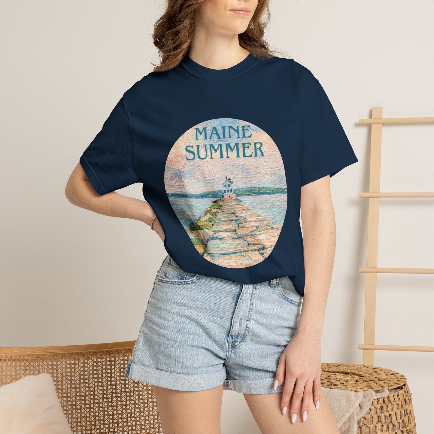 Pastel Coastal Lighthouse Graphic T-Shirt – Aesthetic Beach Scene Art Tee for Ocean Lovers