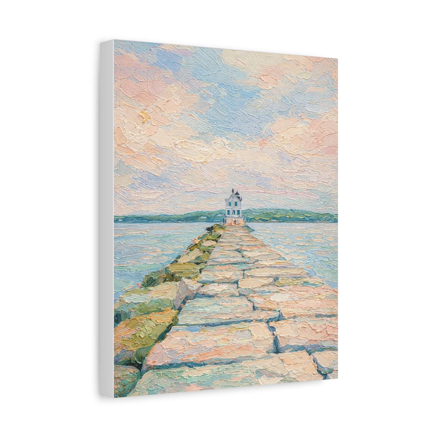 Maine Jetty | pastel coastal lighthouse canvas wall art serene beach scene