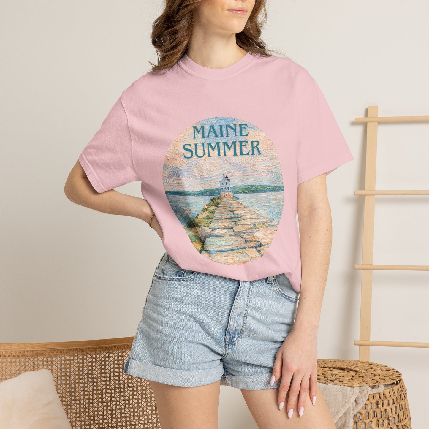 Pastel Coastal Lighthouse Graphic T-Shirt – Aesthetic Beach Scene Art Tee for Ocean Lovers